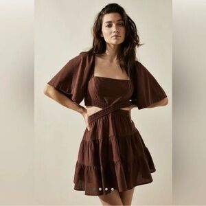 Free People Cross Of Sunlight Brown Linen Cut Out Dress Size L